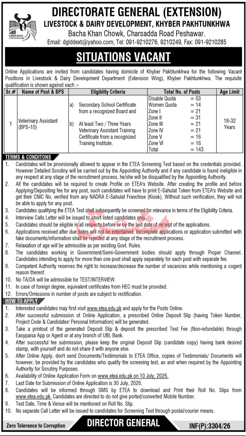 Directorate General Extension Livestock & Dairy Development KP ETEA Jobs 2026