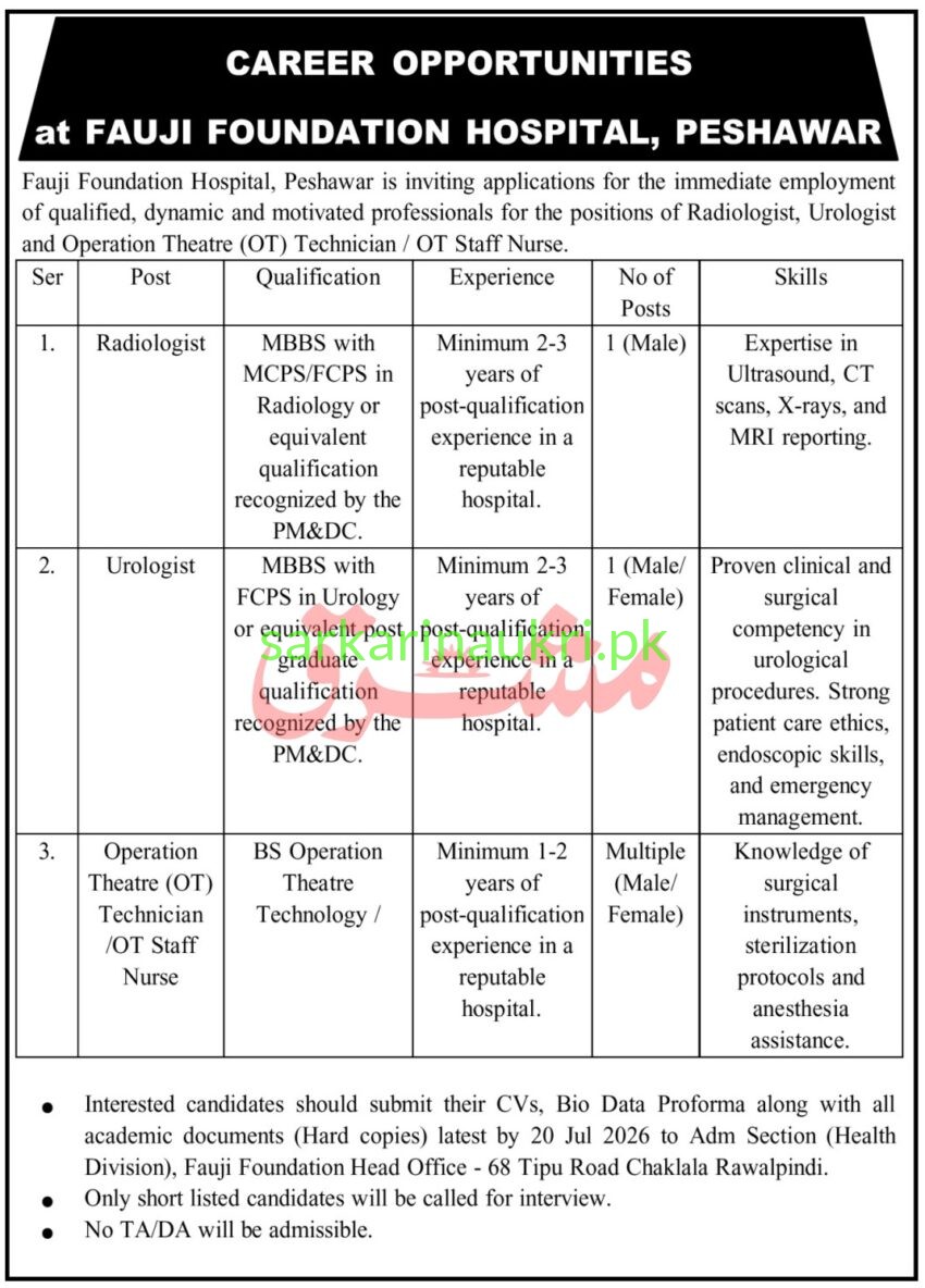 Fauji Foundation Hospital Peshawar Jobs 2026: Radiologist, Urologist & OT Technician Vacancies