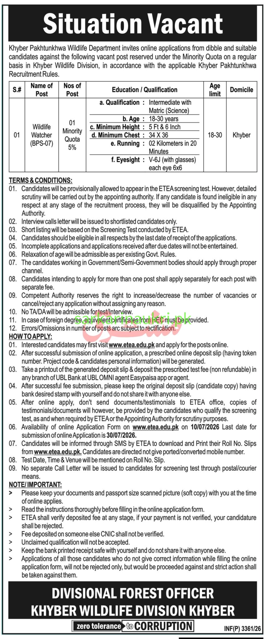 Khyber Wildlife Division Jobs 2026 – Wildlife Watcher (BPS-07) Required (Minority Quota) | Apply Online via ETEA