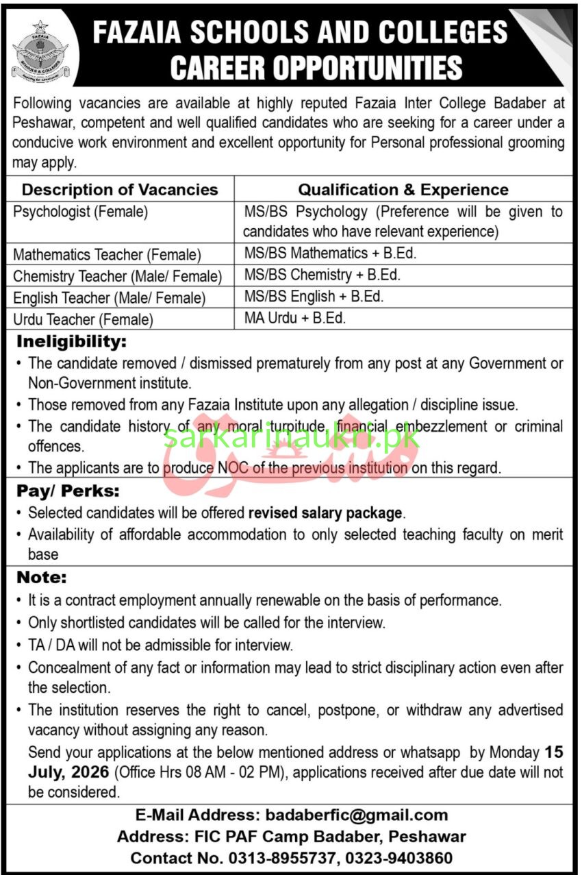 Fazaia Inter College Badaber Peshawar Jobs 2026 – Teaching & Psychologist Vacancies (Apply by 15 July 2026)