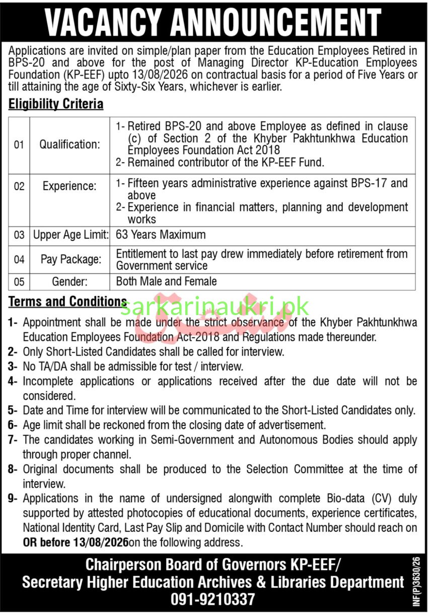 KP-EEF Jobs 2026 – Managing Director, KP-Education Employees Foundation Vacancy Announcement