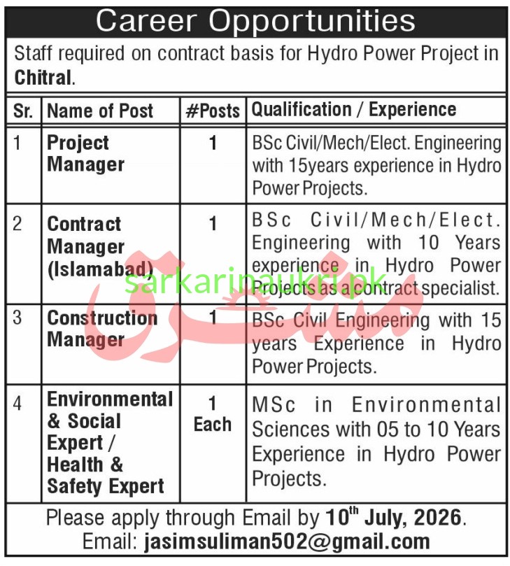 Hydro Power Project Chitral Jobs 2026 – Project Manager, Contract Manager & Construction Manager Vacancies