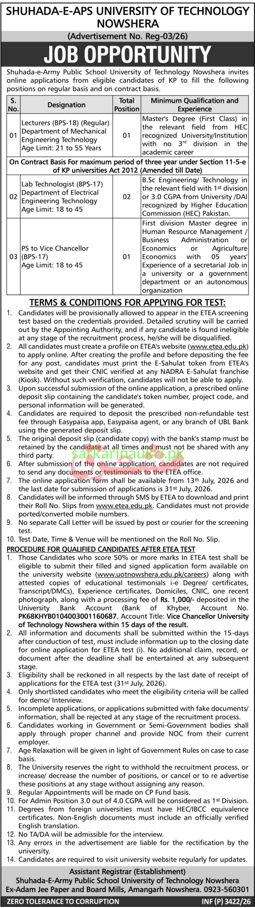 Shuhada-e-APS University of Technology Nowshera Jobs 2026 – Faculty & Staff Recruitment