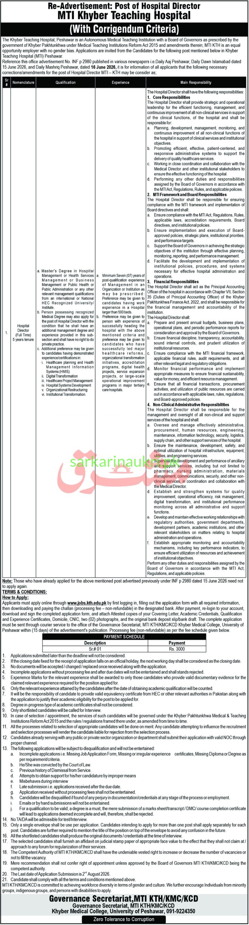 MTI Khyber Teaching Hospital Jobs 2026 – Hospital Director Re-Advertisement (With Corrigendum Criteria)