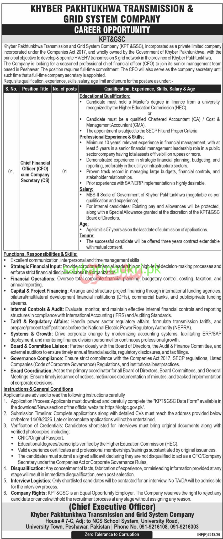 Khyber Pakhtunkhwa Transmission & Grid System Company (KPT&GSC) Jobs 2026 | Executive Recruitment