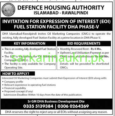 DHA Islamabad Fuel Station Tender 2026 – EOI for Phase-V Facility