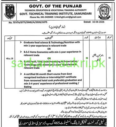 TEVTA Punjab Jobs 2026 – Govt Technical Training Institute Samundari Vacancies