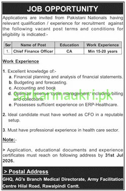 GHQ Medical Directorate Jobs 2026 – Chief Finance Officer (CFO) Vacancy