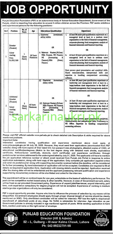 Punjab Education Foundation PEF Jobs 2026 – High-Paying Director Finance Careers