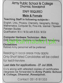 Army Public School & College Dhamial Rawalpindi Jobs 2026 – Apply Online