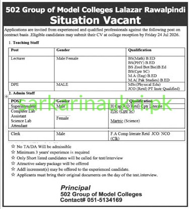 502 Group of Model Colleges Lalazar Rawalpindi Jobs 2026