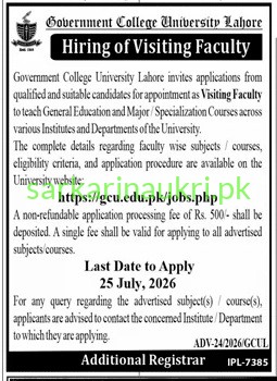GCU Lahore Jobs 2026 – Hiring of Visiting Faculty for General Education & Specialization Courses