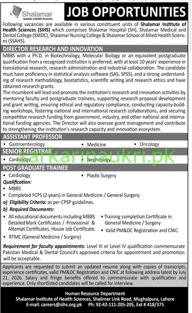 Shalamar Institute of Health Sciences (SIHS) Jobs 2026 – Medical Faculty & Post Graduate Trainee Vacancies