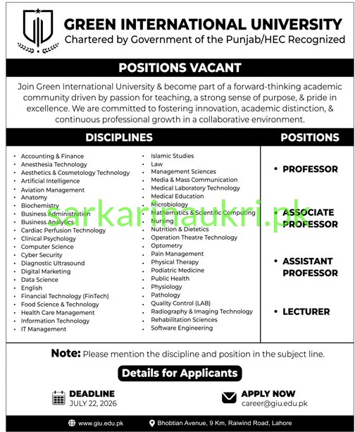 Green International University Lahore Jobs 2026 – Faculty Positions Vacant