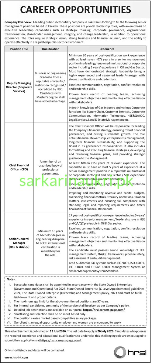 Public Sector Utility Company Karachi Jobs 2026 – High-Level Executive Careers