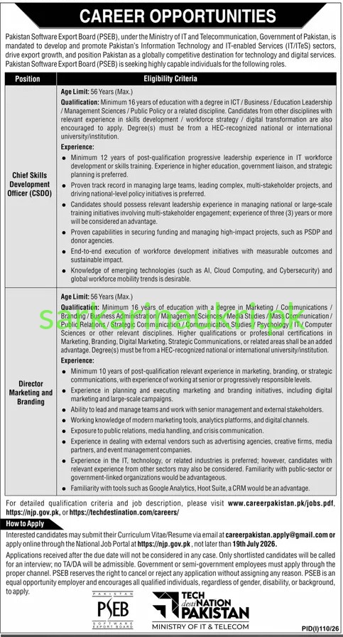 PSEB Jobs 2026 – Chief Skills Development Officer & Director Marketing Vacancies (Apply at njp.gov.pk)