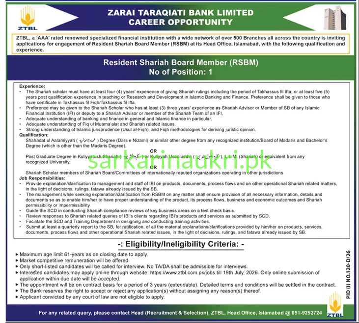 ZTBL Jobs 2026 – Resident Shariah Board Member Required in Islamabad (Apply at ztbl.com.pk/jobs)