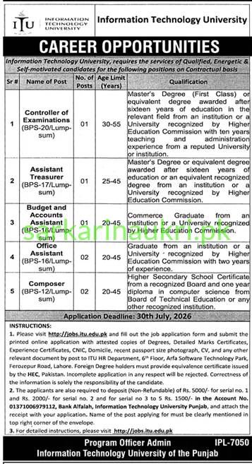 Information Technology University (ITU) Jobs 2026 – Controller of Examinations, Assistant Treasurer & More