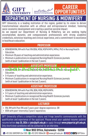 GIFT University Gujranwala Jobs 2026 – Department of Nursing & Midwifery