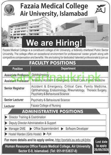 Fazaia Medical College Jobs 2026: Faculty & Administrative Vacancies
