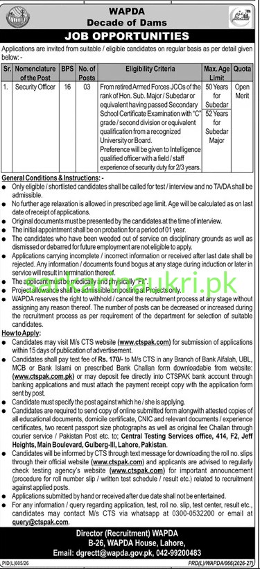 WAPDA Jobs 2026: Security Officers (BPS-16) Apply Online via CTS