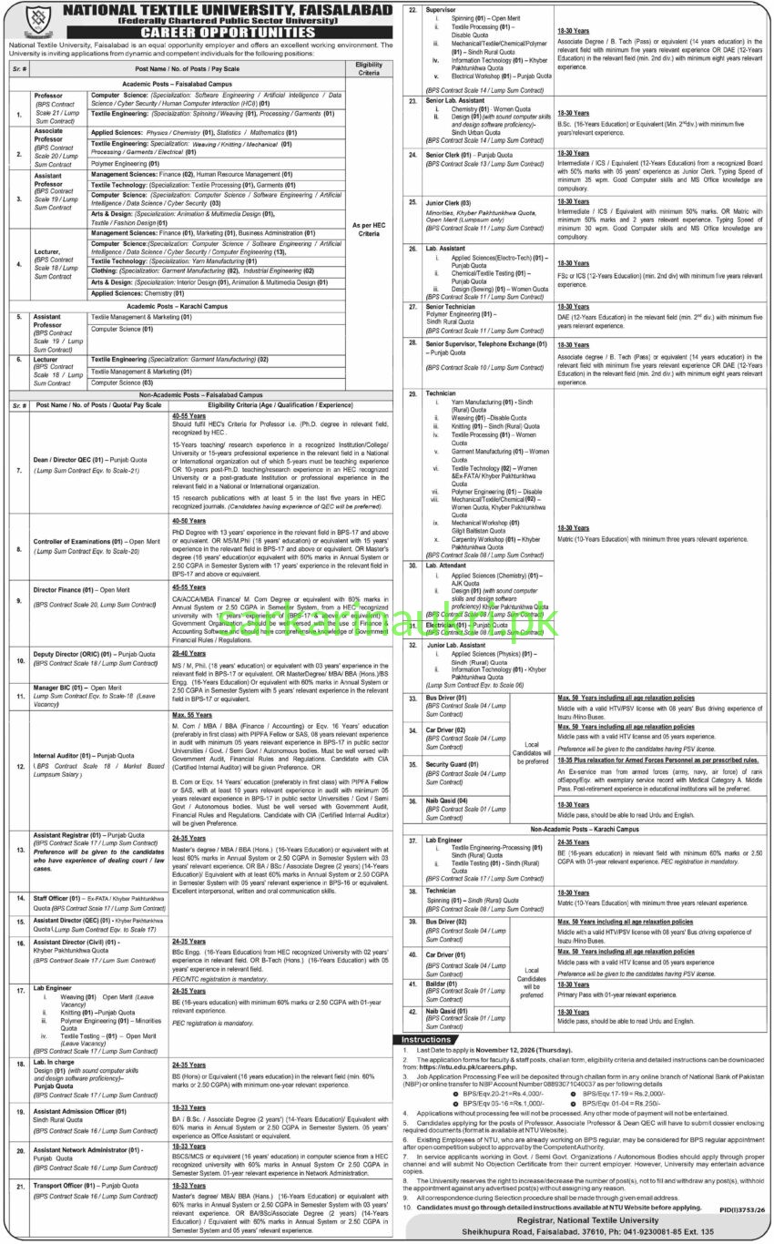 Apply for latest NTU Jobs 2026 at National Textile University Faisalabad and Karachi. Openings for Professors, Associate Professors, Assistant Professors, Lecturers, Deans, and various administrative & non-academic staff. Apply by November 13, 2026.