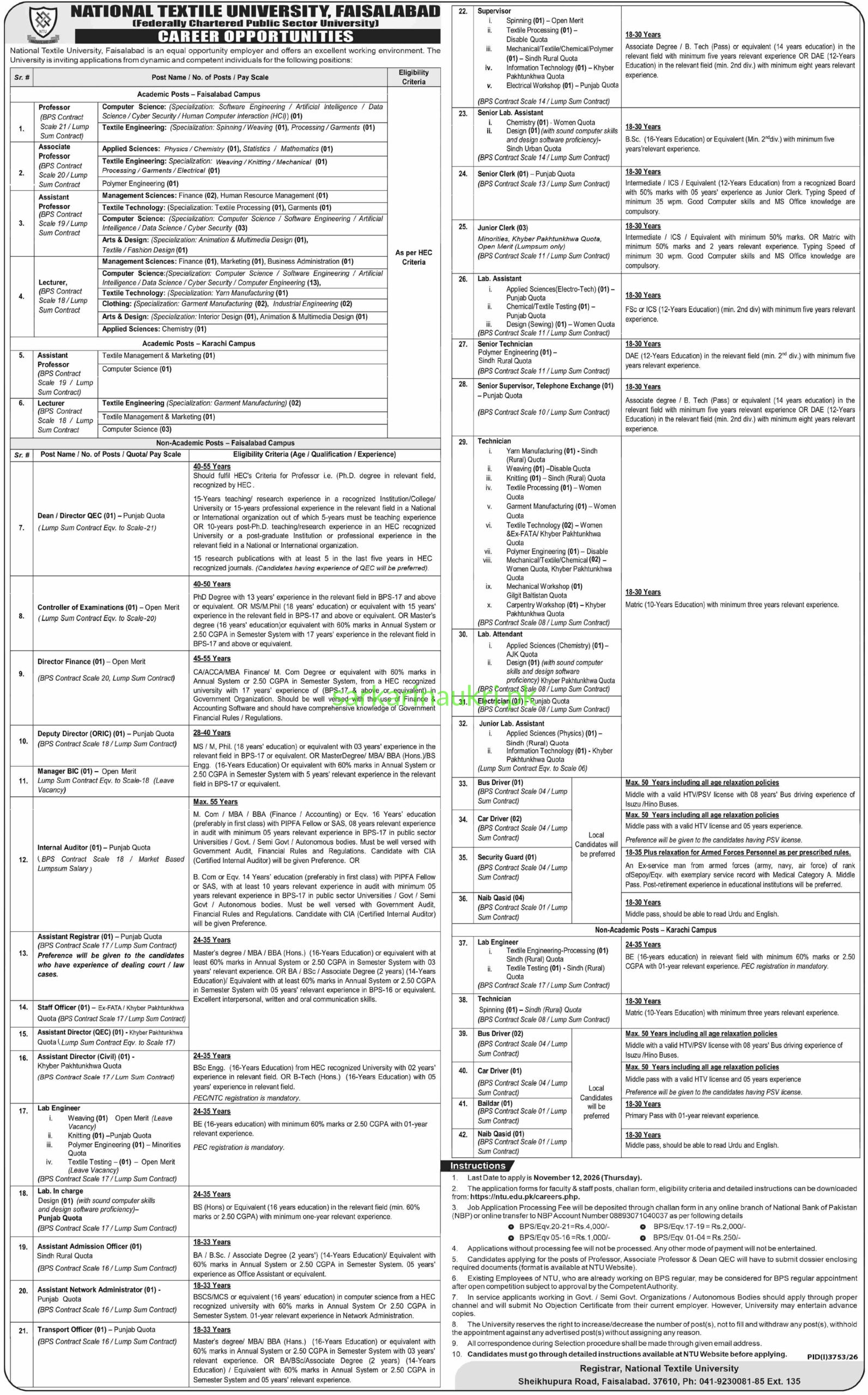 Apply for latest NTU Jobs 2026 at National Textile University Faisalabad and Karachi. Openings for Professors, Associate Professors, Assistant Professors, Lecturers, Deans, and various administrative & non-academic staff. Apply by November 13, 2026.
