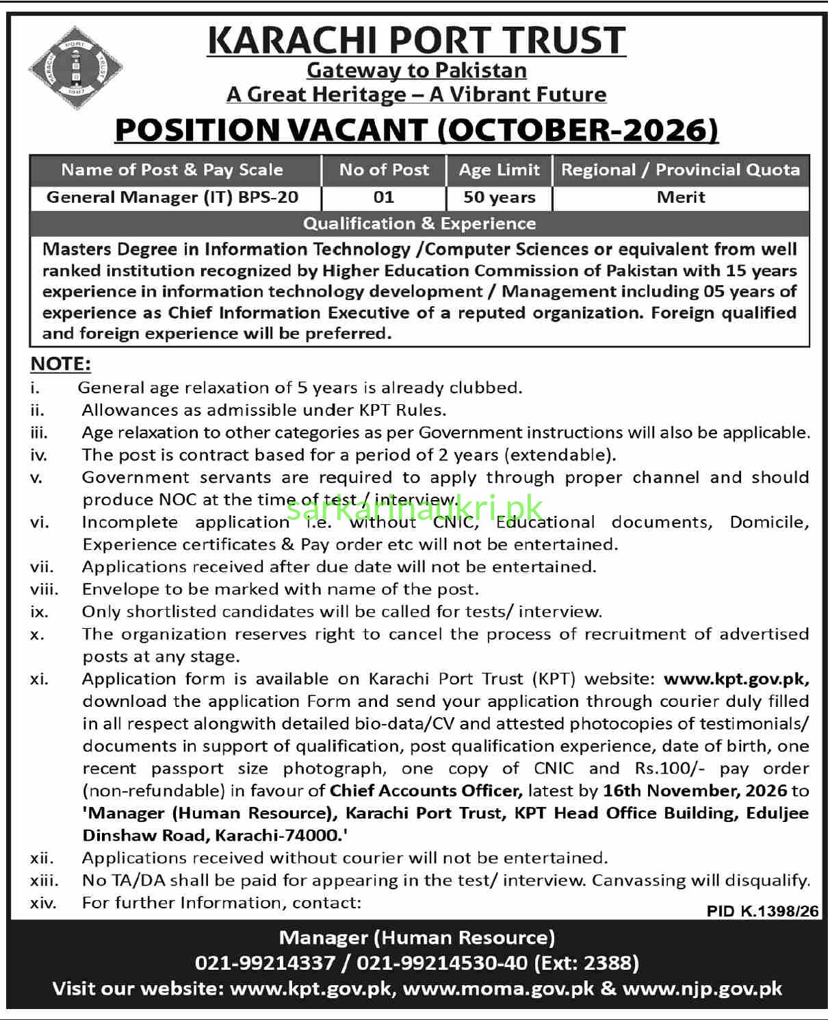 KPT Jobs 2026: Karachi Port Trust General Manager (IT) Careers