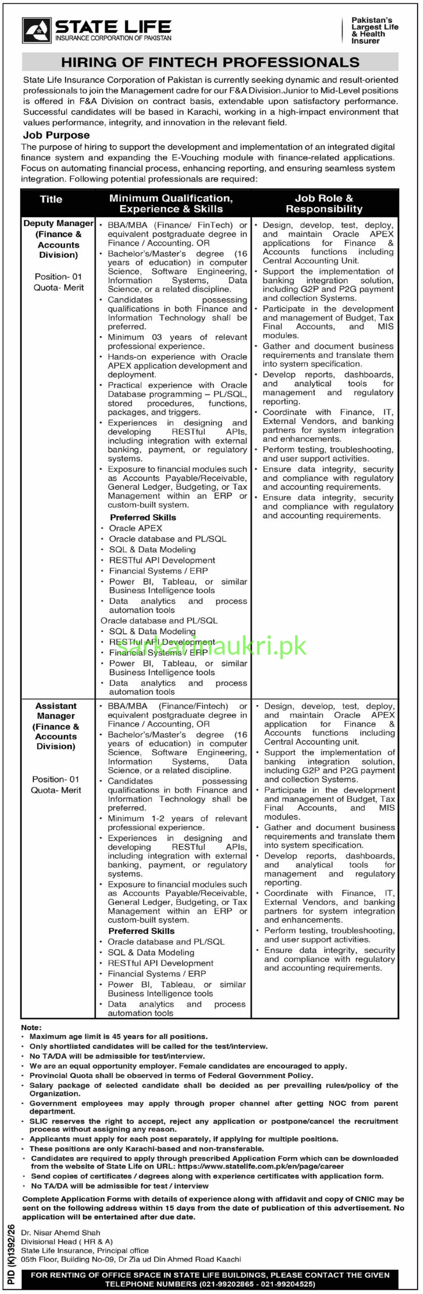 State Life Jobs 2026: Fintech Professional Careers in Karachi